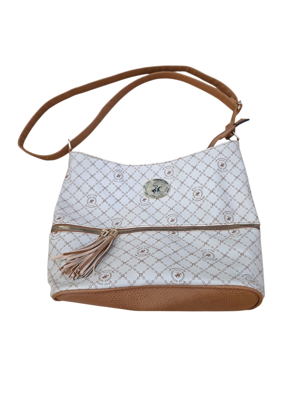 Beverly Hills Polo Club Cream & Tan Crossbody Shoulder Bag with Tassel Crossbody